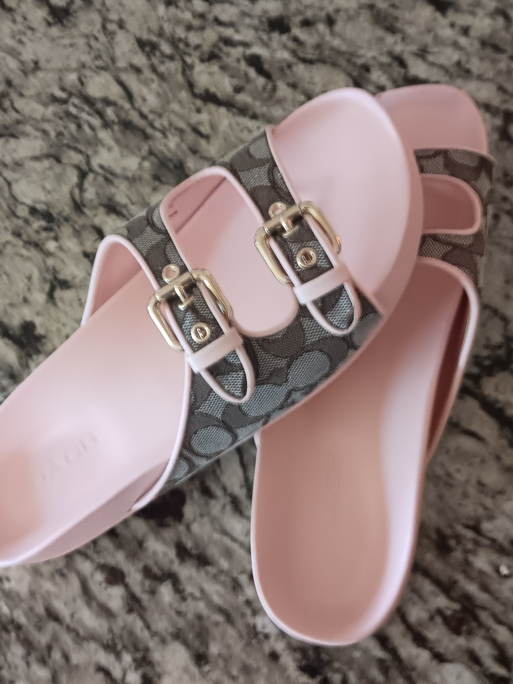 Coach Pink Logo-Print Double-Strap Slide Sandals with Gold Buckles- Size 11 - Picture 2 of 5